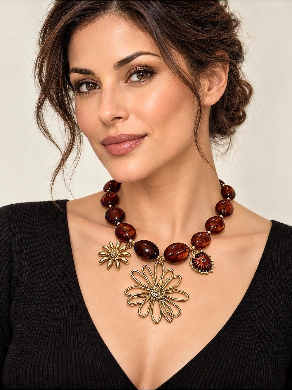Amber Brown Beaded Necklace with Gold-Tone Daisy Pendant & Charms